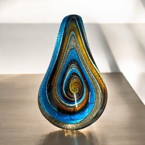 Artisan handcrafted teal blue, brown & gold lampworked statement pendant w chain